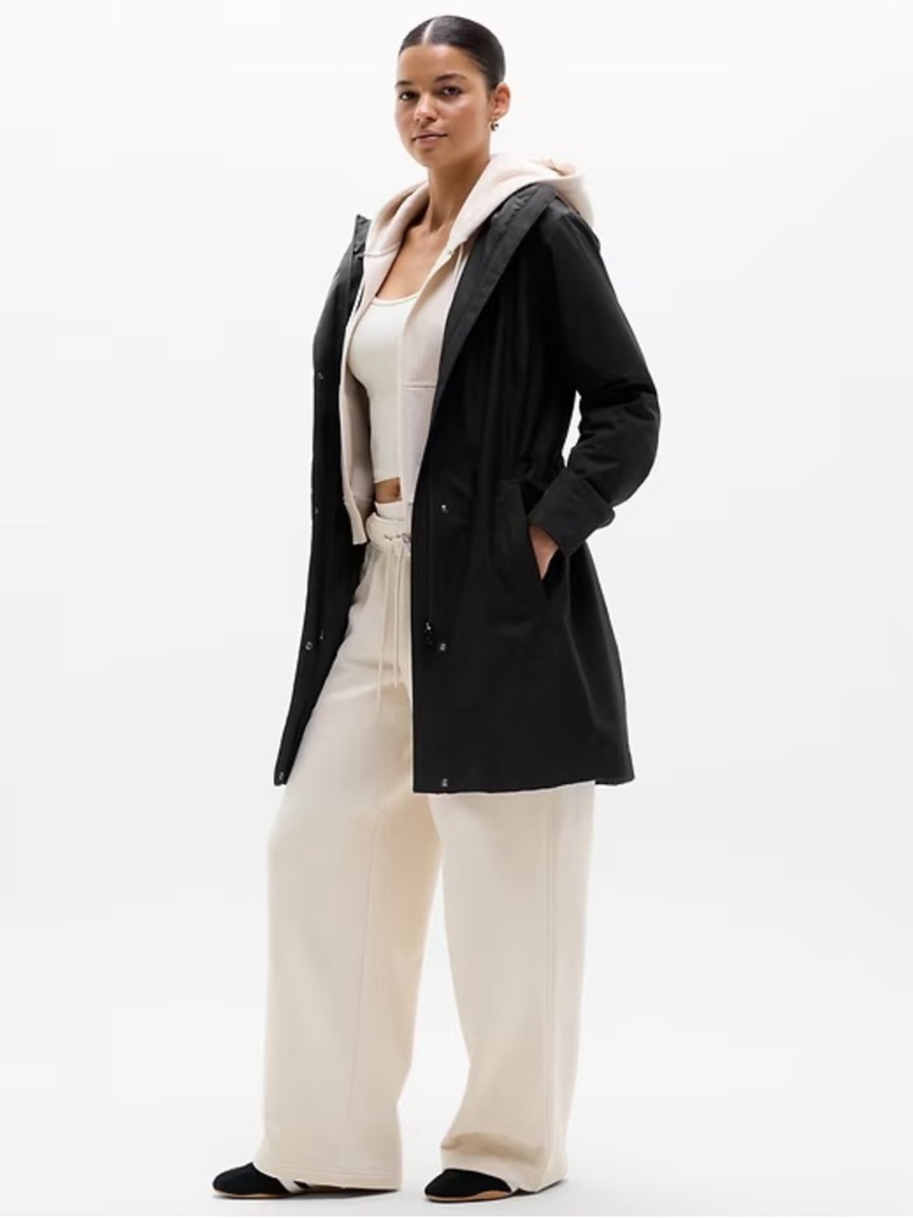 Athleta Rainout Trench Black Hooded Trench Coat size M